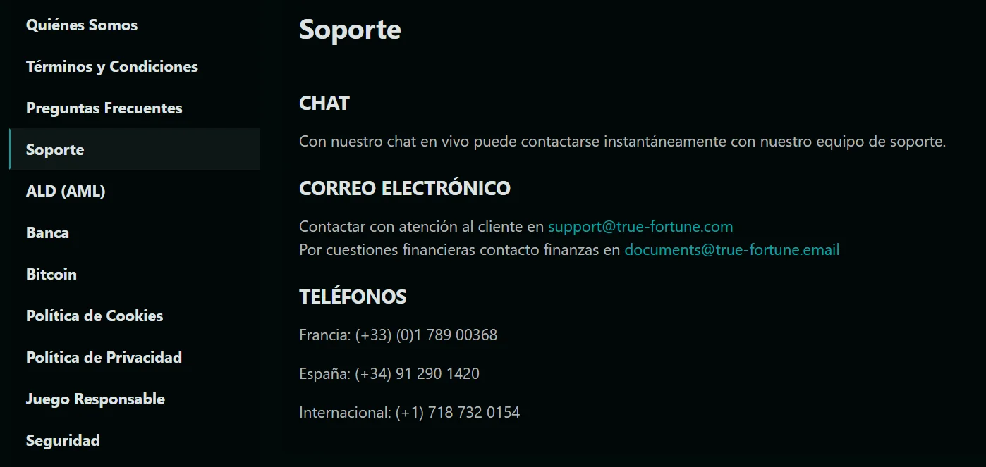 TrueFortune Casino Soporte al Cliente